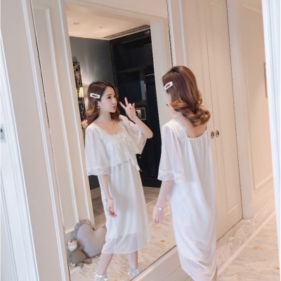 ชุดนอนเดรส สีขาว ผ้าพริ้ว มี 2 size